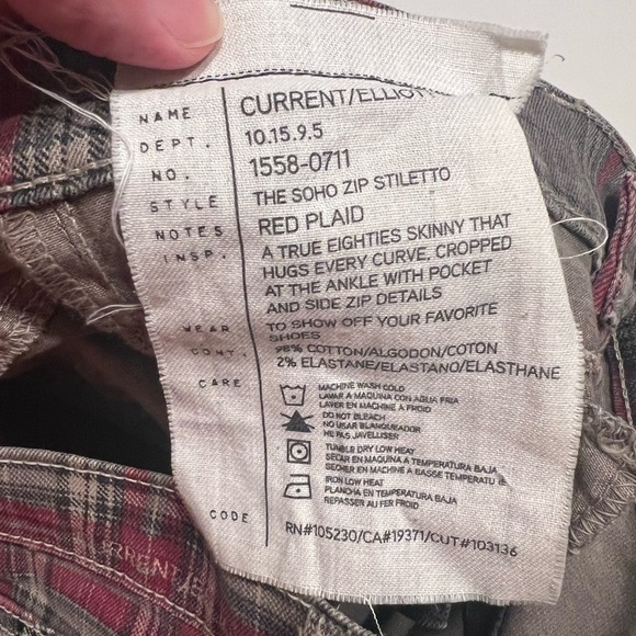 Current Elliott The Soho Zip Stiletto Skinny Jeans In Red Gray Plaid Size 26/0 - Picture 2 of 8